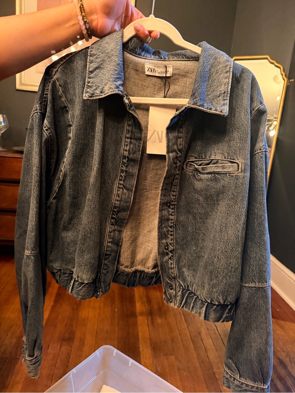 Zara Dark Blue Denim Cropped Jacket with Elastic Hem
